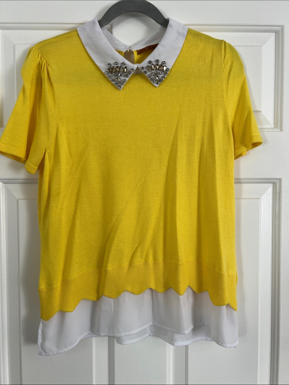 Belldini Bright Yellow Short-Sleeve Top with White Bejeweled Collar